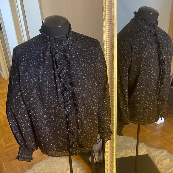 Blouse with Puffy-long-Sleeve Top with Mock Neckline, with buttons - Picture 1 of 2